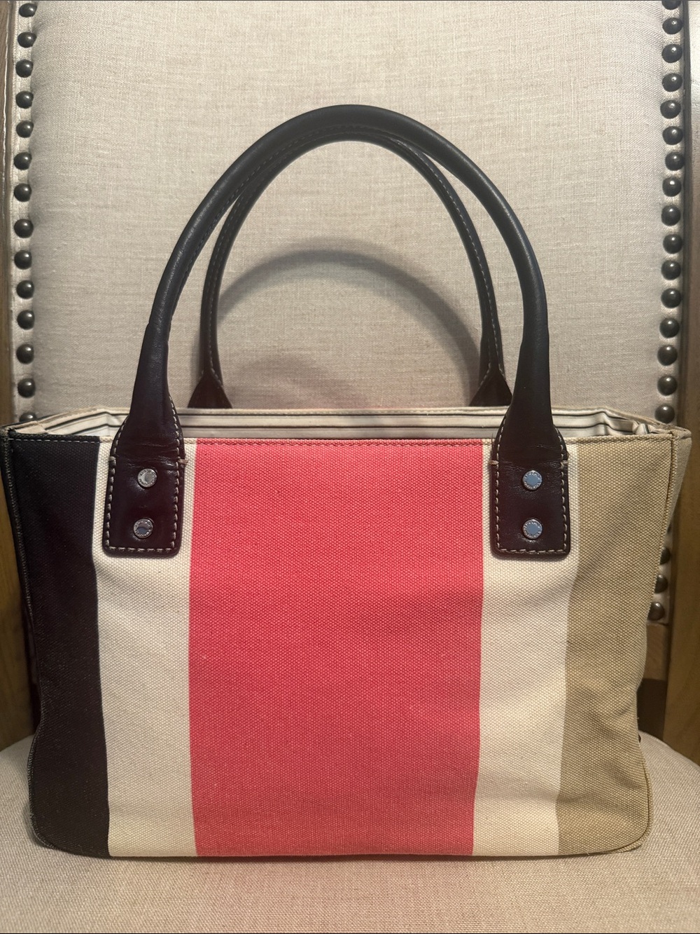 kate spade Canvas Stripe Tote in Coral, Cream & Black